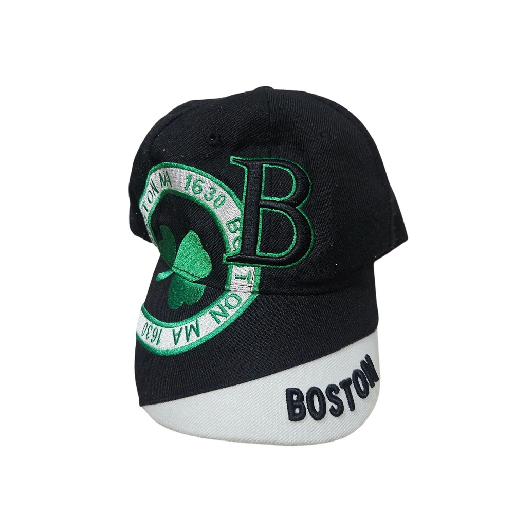 Boston Themed Black & White Baseball Cap With Shamrock Embroidery By Bay State A